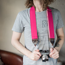Hot pink vintage-style cotton canvas camera strap made by Original Fuzz.