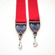 Red cotton canvas vintage-style camera strap made by Original Fuzz in Nashville.