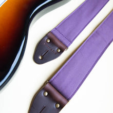 Purple cotton canvas vintage-style guitar strap made by Original Fuzz in Nashville, TN. with a Fender Jazzmaster.