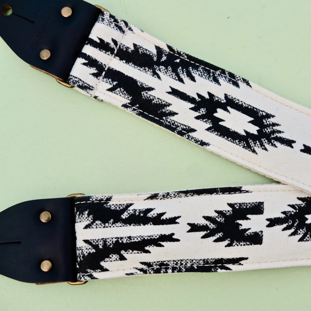 Southwestern print vintage-style guitar strap made by Original Fuzz in Nashville with block print fabric from India.