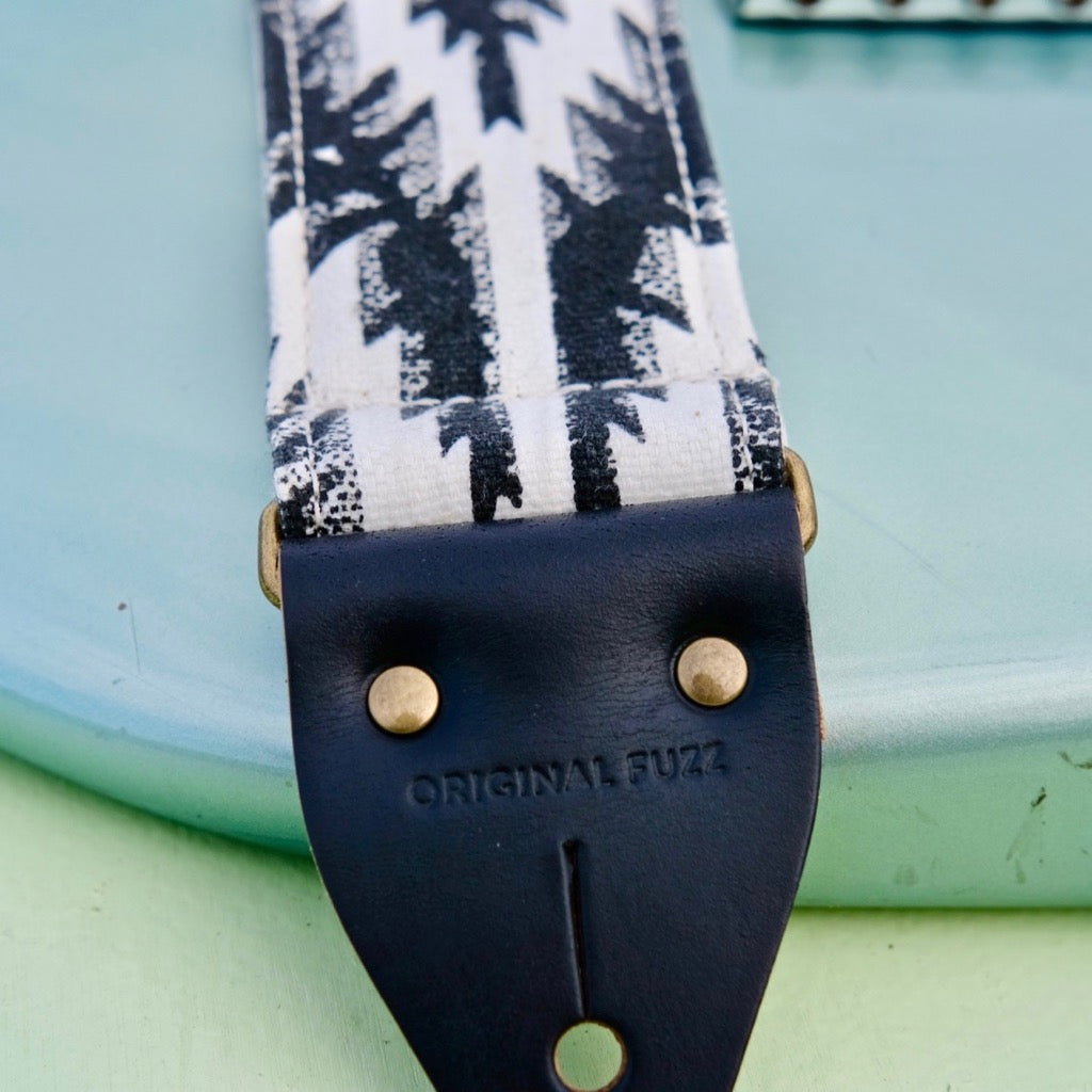 Southwestern print vintage-style guitar strap made by Original Fuzz in Nashville with block print fabric from India.