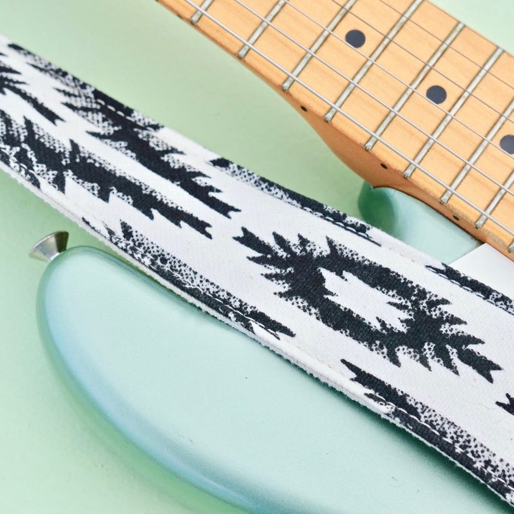 Southwestern print vintage-style guitar strap made by Original Fuzz in Nashville with block print fabric from India.