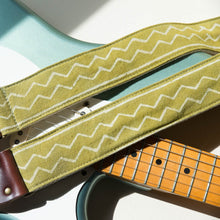 Vintage-style guitar strap made with block printed fabric from India in green by Original Fuzz. 