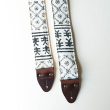 Vintage-style guitar strap made with black ink block-printed on white cotton fabric from India by Original Fuzz.