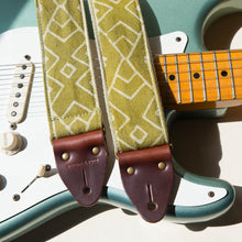 Natural lime green Indian block print guitar strap by Original Fuzz with Fender Stratocaster.