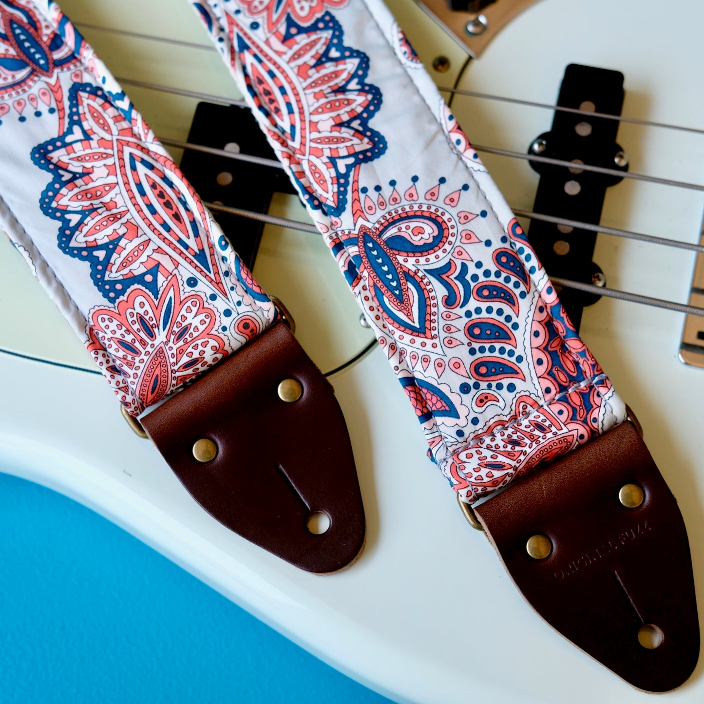 Navy and red paisley guitar cotton guitar strap handmade in Nashville.