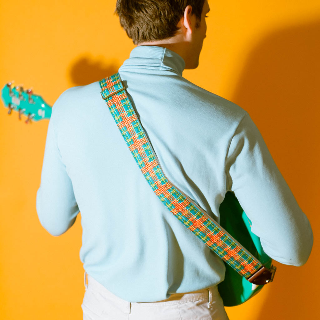 Vintage 70s plaid polyester guitar strap made with repurposed fabric by Original Fuzz.