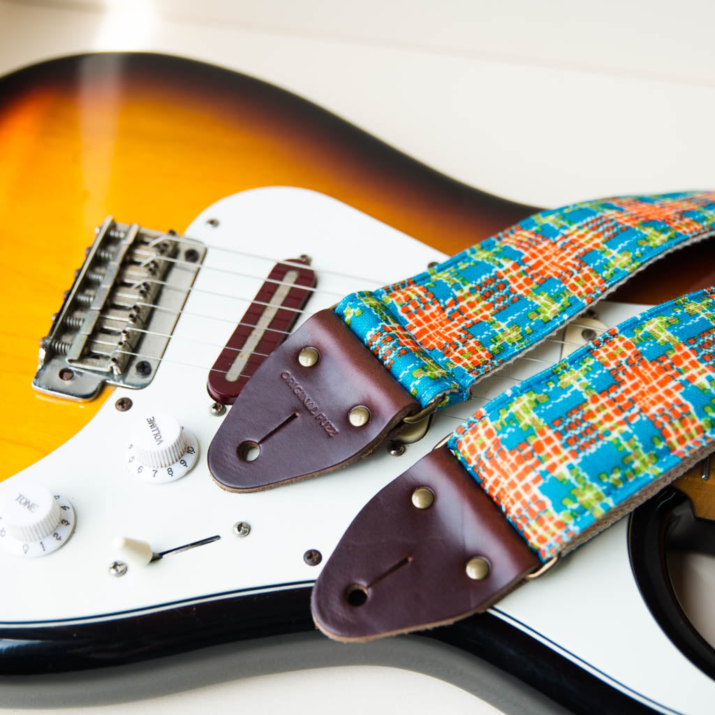 Vintage 70s plaid polyester guitar strap made with repurposed fabric by Original Fuzz.
