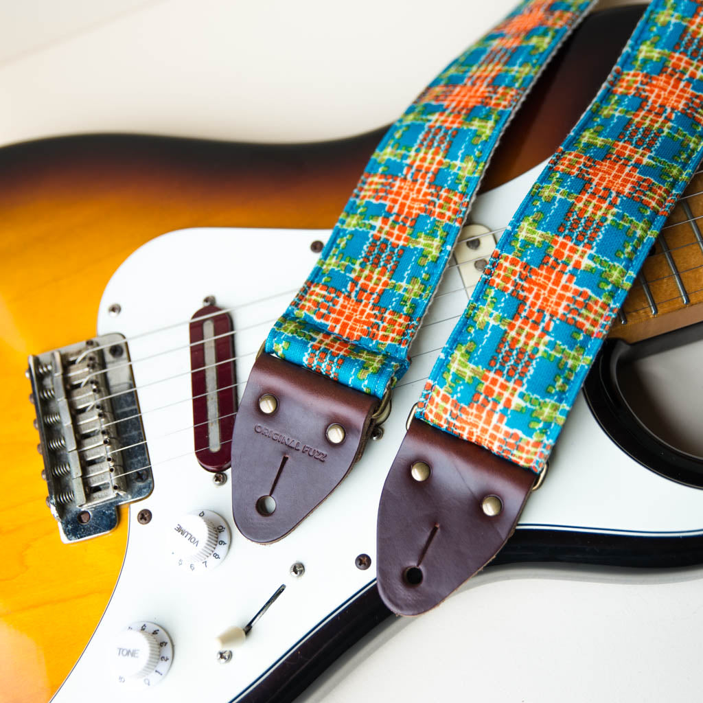Vintage 70s plaid polyester guitar strap made with repurposed fabric by Original Fuzz.