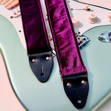 Original Fuzz purple velvet guitar strap with a Fender guitar. 