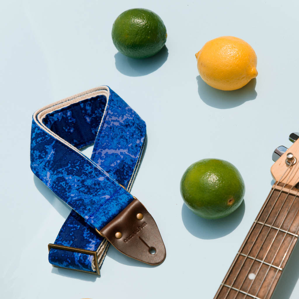 Vintage blue tie-dye guitar strap made by Original Fuzz in Nashville, TN.