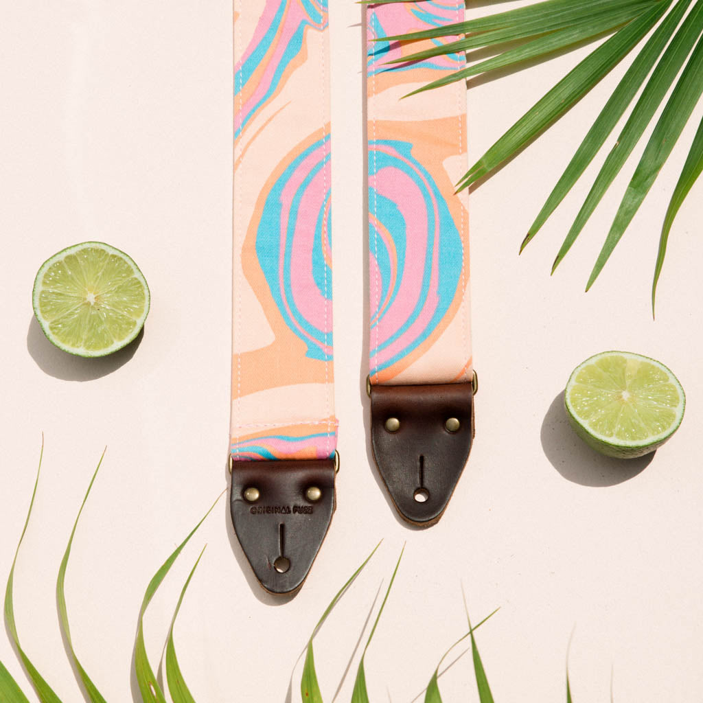 tye dye vibrant electric avenue pink blue orange swirl Nashville guitar strap by original fuzz
