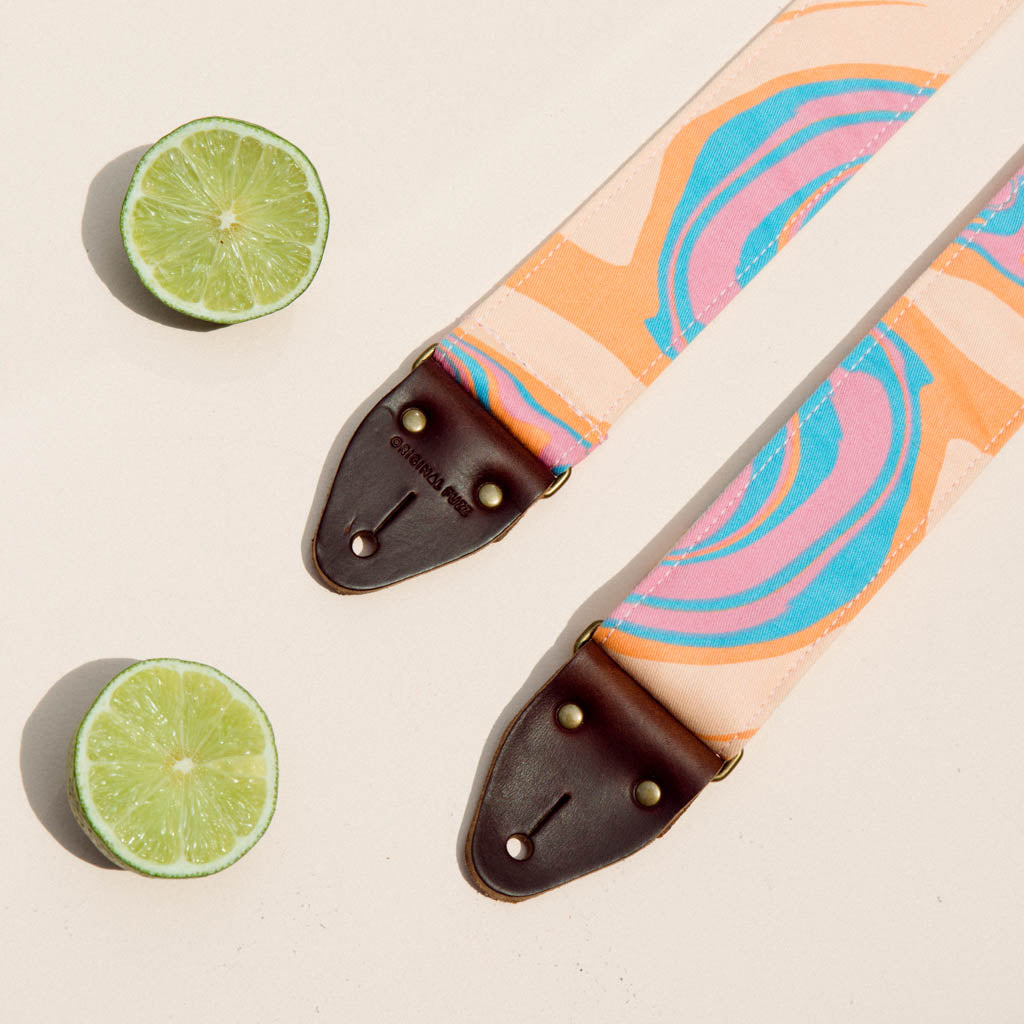tye dye vibrant electric avenue pink blue orange swirl Nashville guitar strap by original fuzz