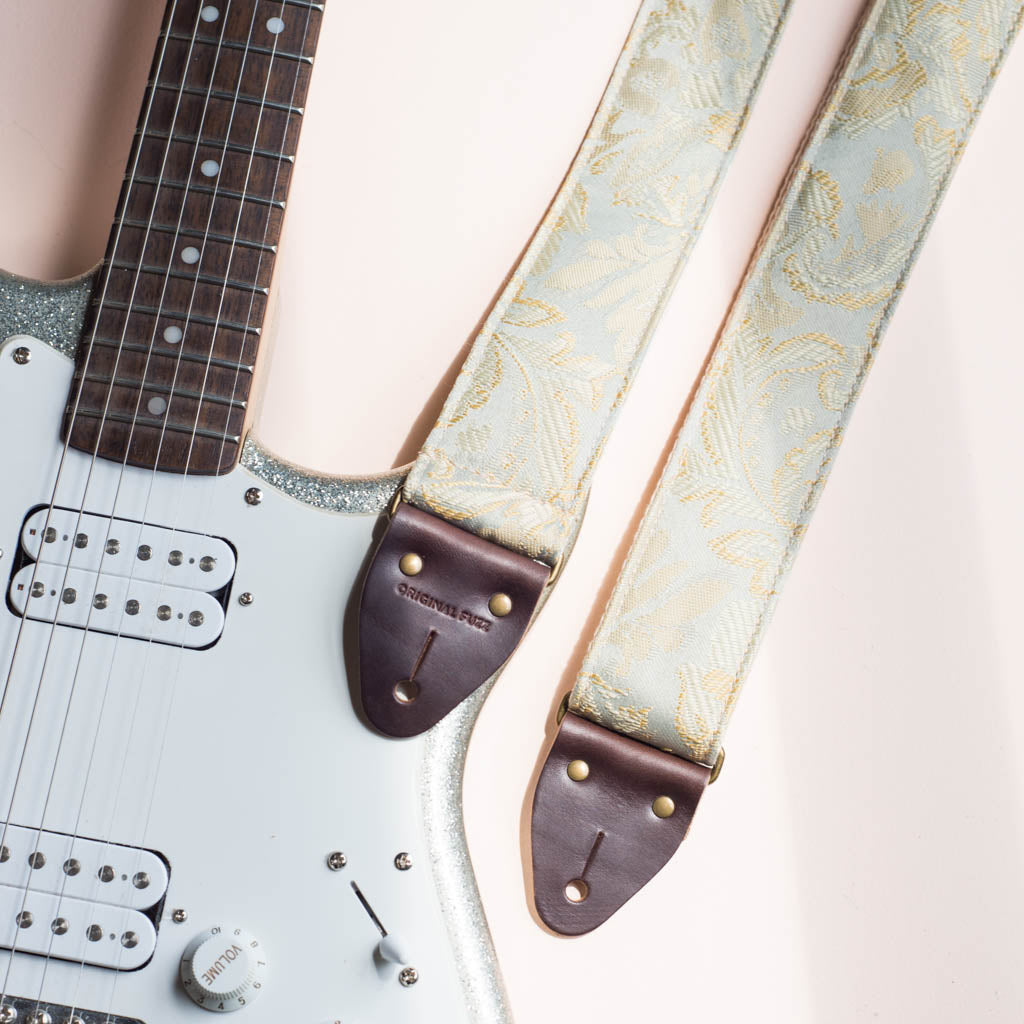 Light blue paisley embroidered vintage guitar strap by Original Fuzz.