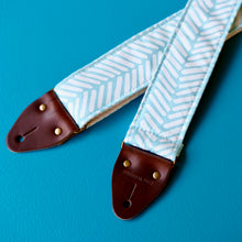 Light blue silkscreened guitar strap handmade in Nashville by Original Fuzz.
