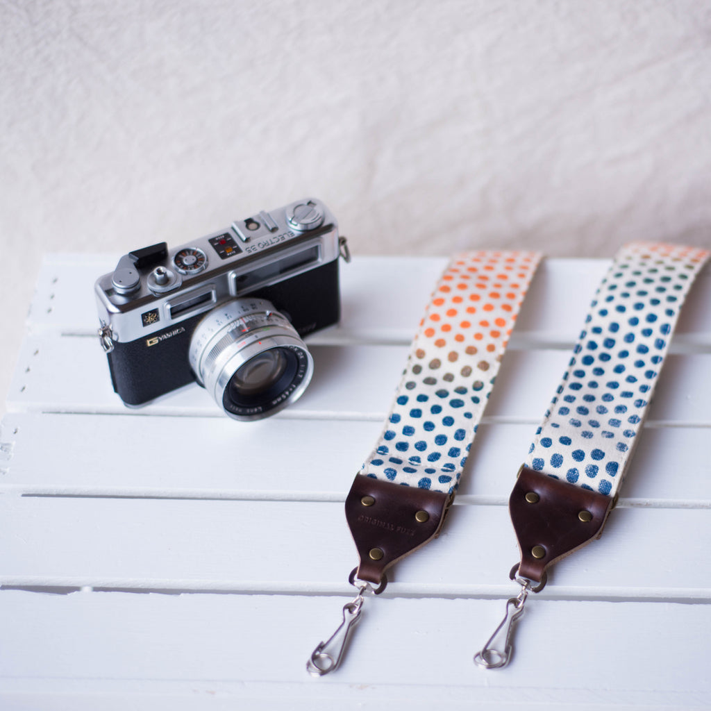 polka dots silkscreen vintage style camera strap by original fuzz and grand palace