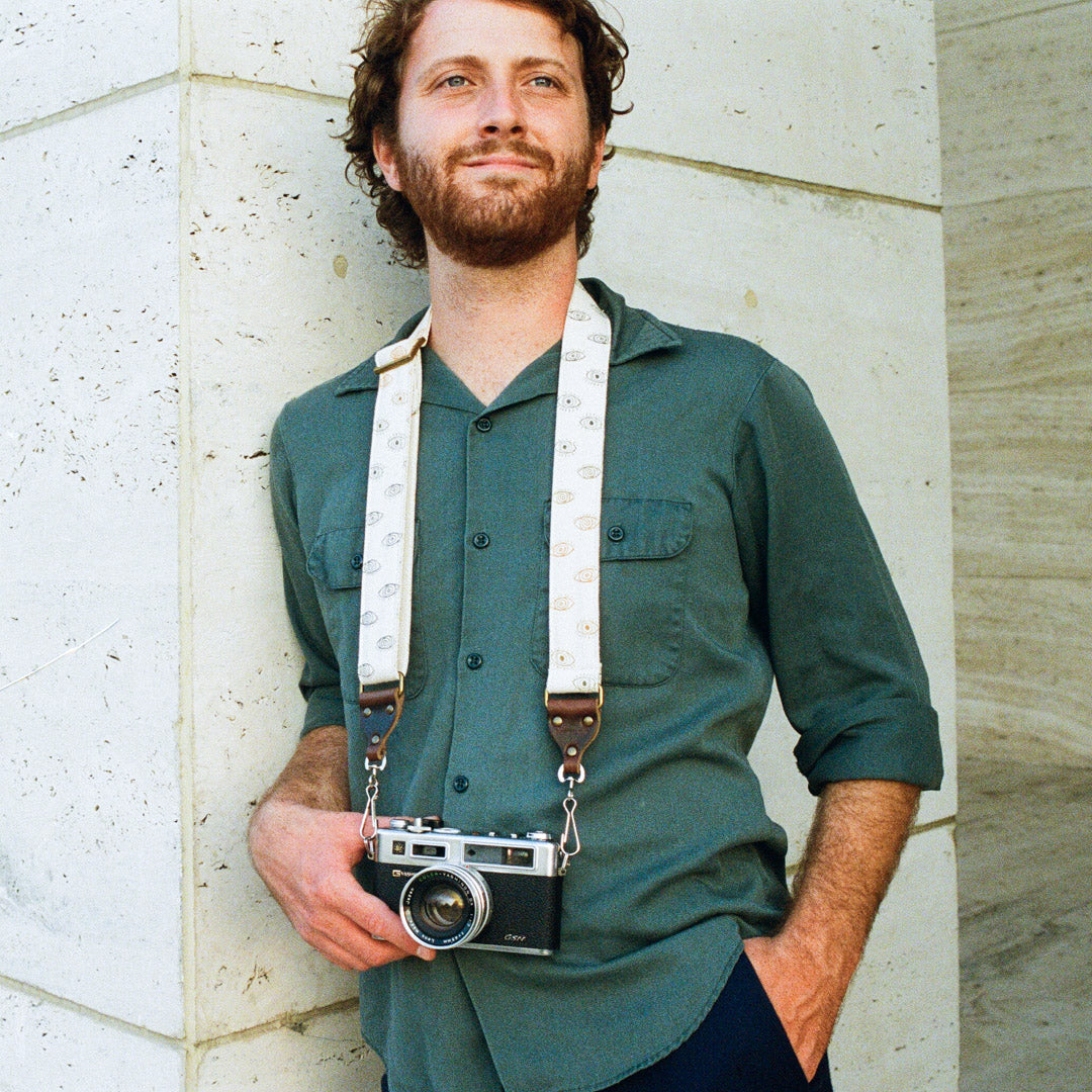 Eyeball silkscreened vintage-style skinny camera strap made by Original Fuzz in Nashville.