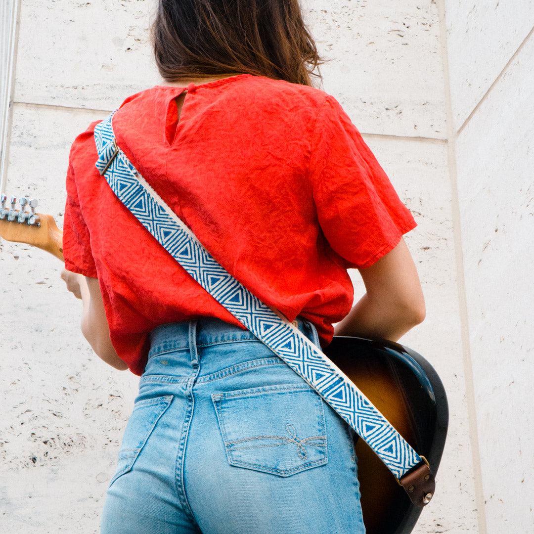 Blue and white skinny guitar strap made with block printed fabric from India by Original Fuzz in Nashville, TN.