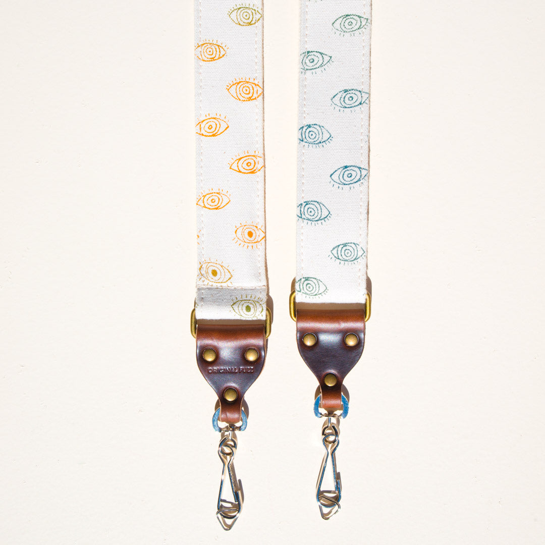 Eyeball silkscreened vintage-style skinny camera strap made by Original Fuzz in Nashville.