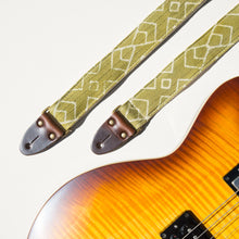 Green and cream Indian block print skinny guitar strap by Original Fuzz in Nashville, TN.