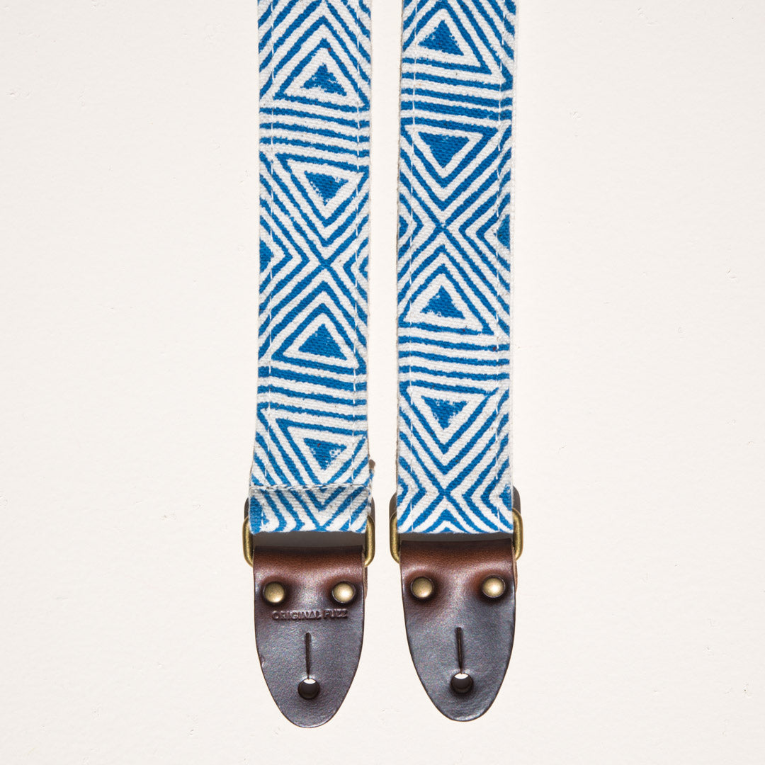 Blue and white skinny guitar strap made with block printed fabric from India by Original Fuzz in Nashville, TN.