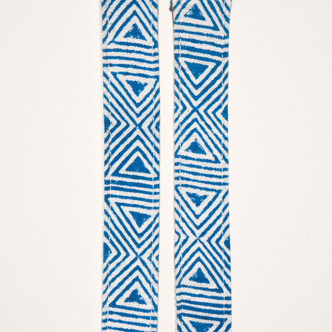 Blue and white skinny guitar strap made with block printed fabric from India by Original Fuzz in Nashville, TN.