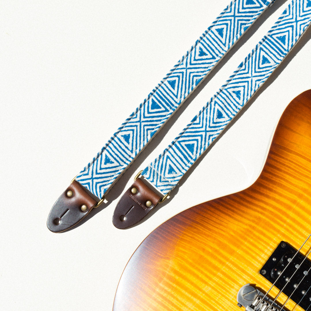 Blue and white skinny guitar strap made with block printed fabric from India by Original Fuzz in Nashville, TN.