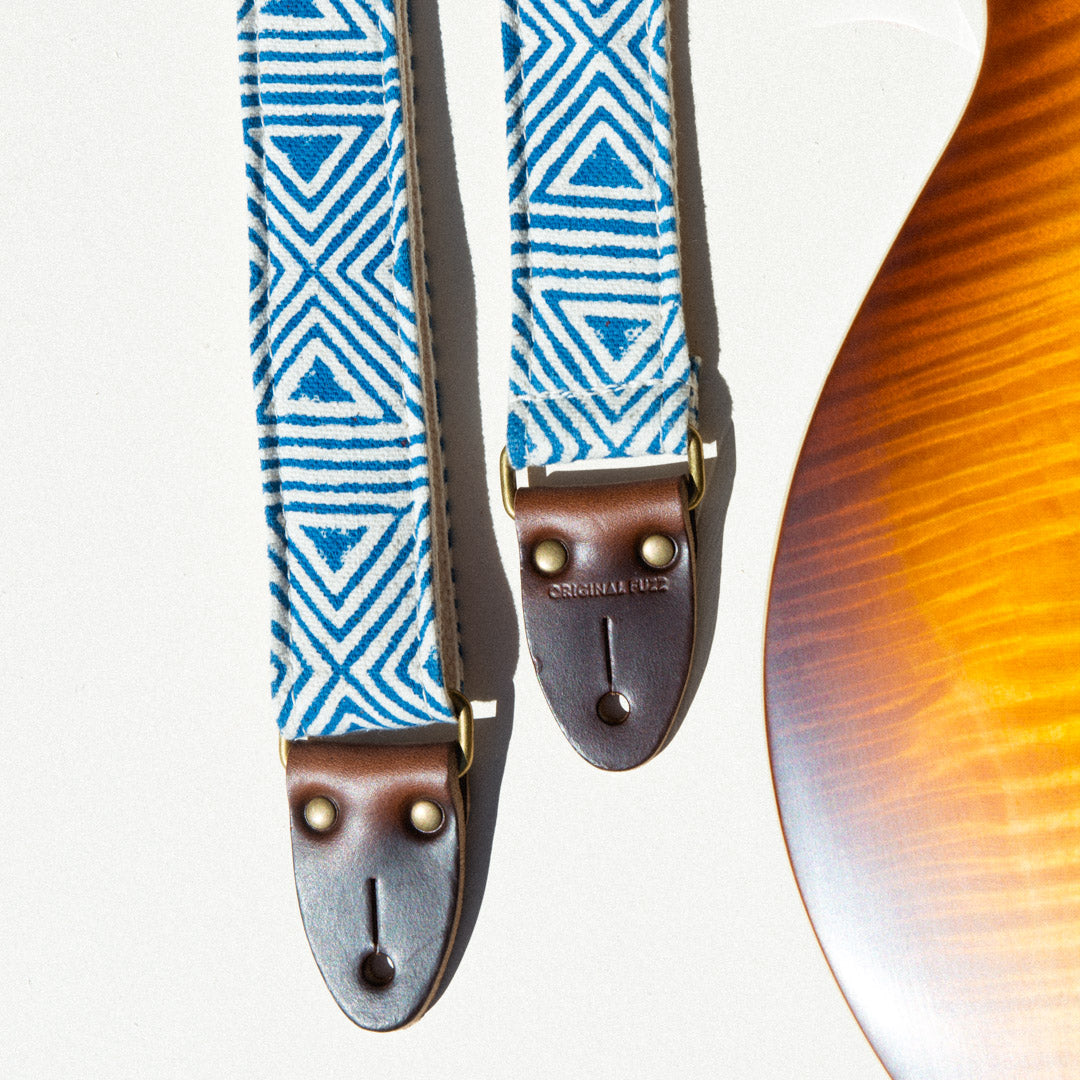 Blue and white skinny guitar strap made with block printed fabric from India by Original Fuzz in Nashville, TN.