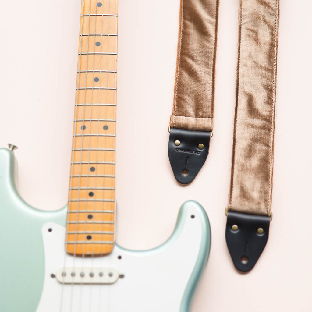 rose gold blush pink velvet guitar strap by original fuzz