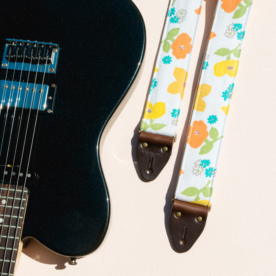 summery orange and yellow vintage floral guitar strap by Original Fuzz