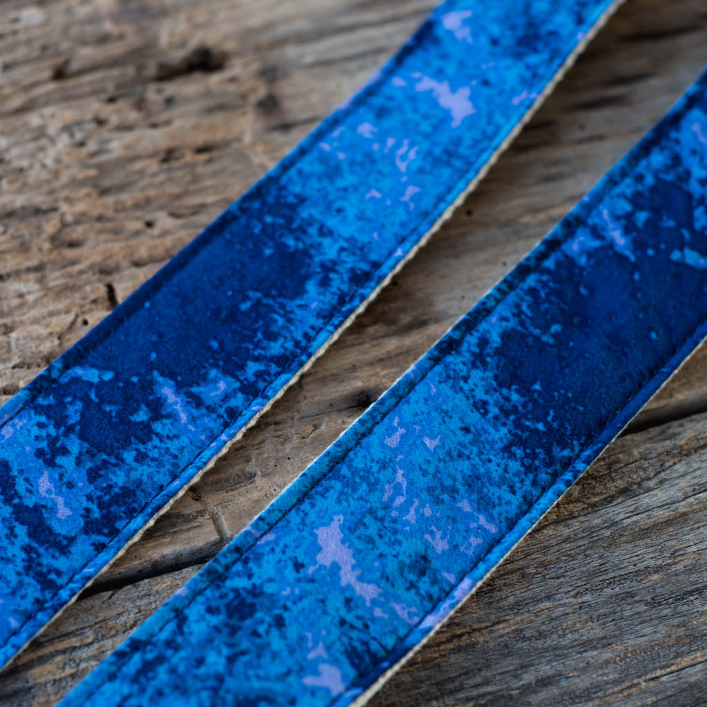 Vintage blue tie-dye guitar strap made by Original Fuzz in Nashville, TN.