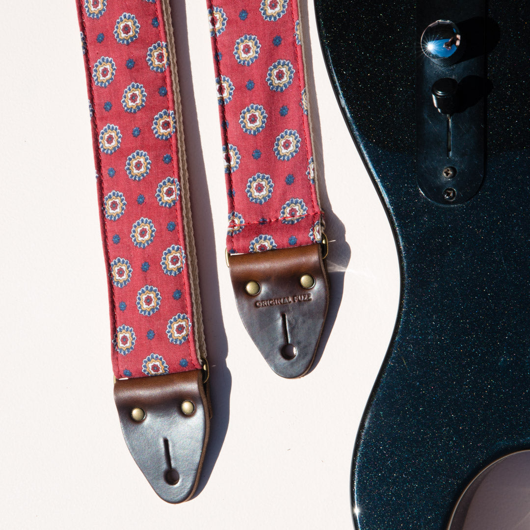 red and navy blue vintage pattern guitar strap by Original Fuzz