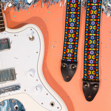 Vintage guitar strap in black and multicolored trim by Original Fuzz for Black Friday.