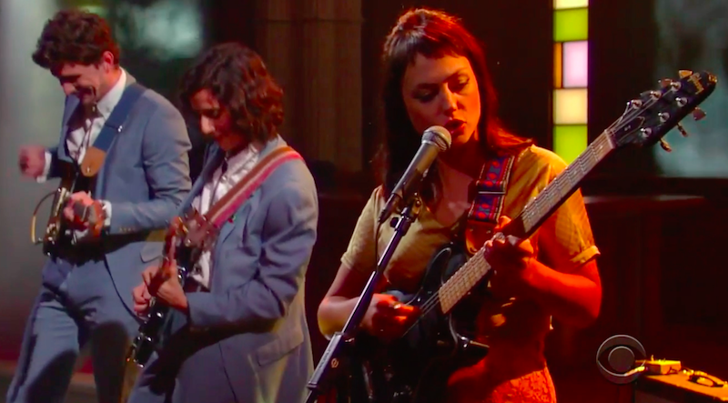 Angel Olsen and her band in Fuzz straps on The Late Show with Stephen Colbert