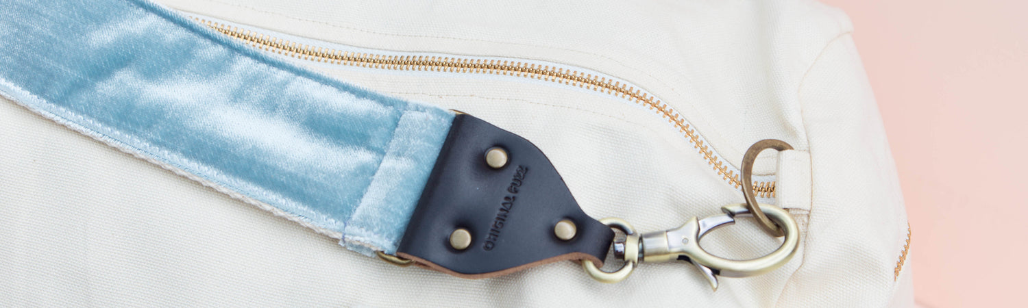 Original Fuzz now makes straps for your bags. This one is the blue velvet carry-all strap.