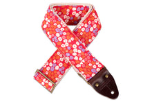 Vintage hot pink guitar strap with a floral polka dot design made by Original Fuzz in Nashville, TN. 