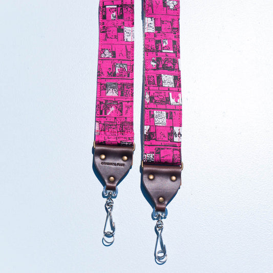 hot pink Heavy Meta album art silkscreen artist series Ron gallo vintage style camera strap by original fuzz