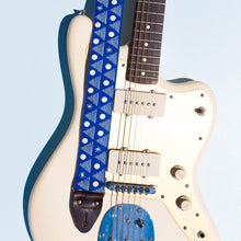 blue and white silkscreen artist series Alex Bleeker Real Estate guitar strap by original fuzz