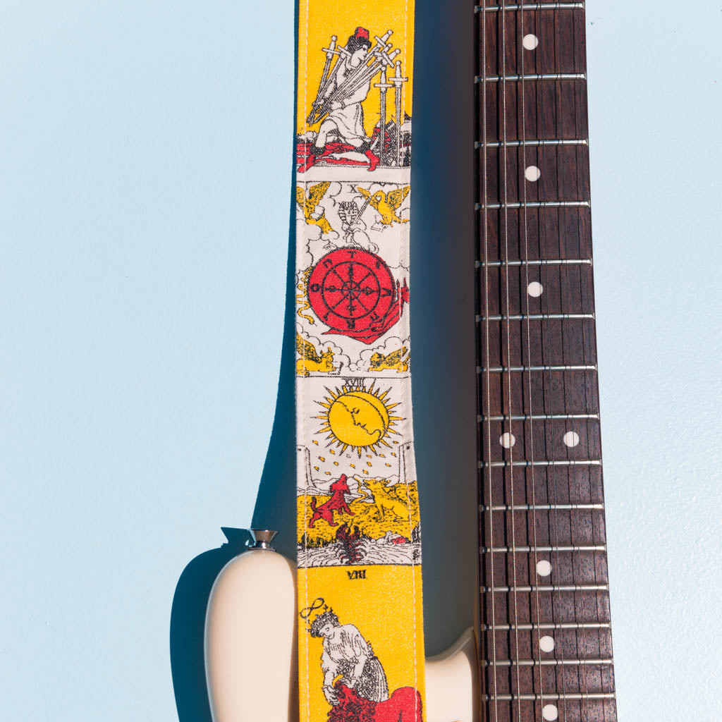 warm orange red yellow tarot card artist series silkscreen Eric Slick guitar strap by original fuzz 