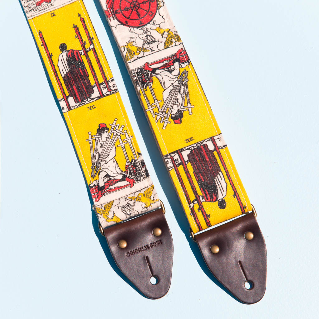 warm orange red yellow tarot card artist series silkscreen Eric Slick guitar strap by original fuzz 