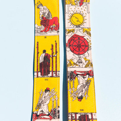 warm orange red yellow tarot card artist series silkscreen Eric Slick guitar strap by original fuzz  