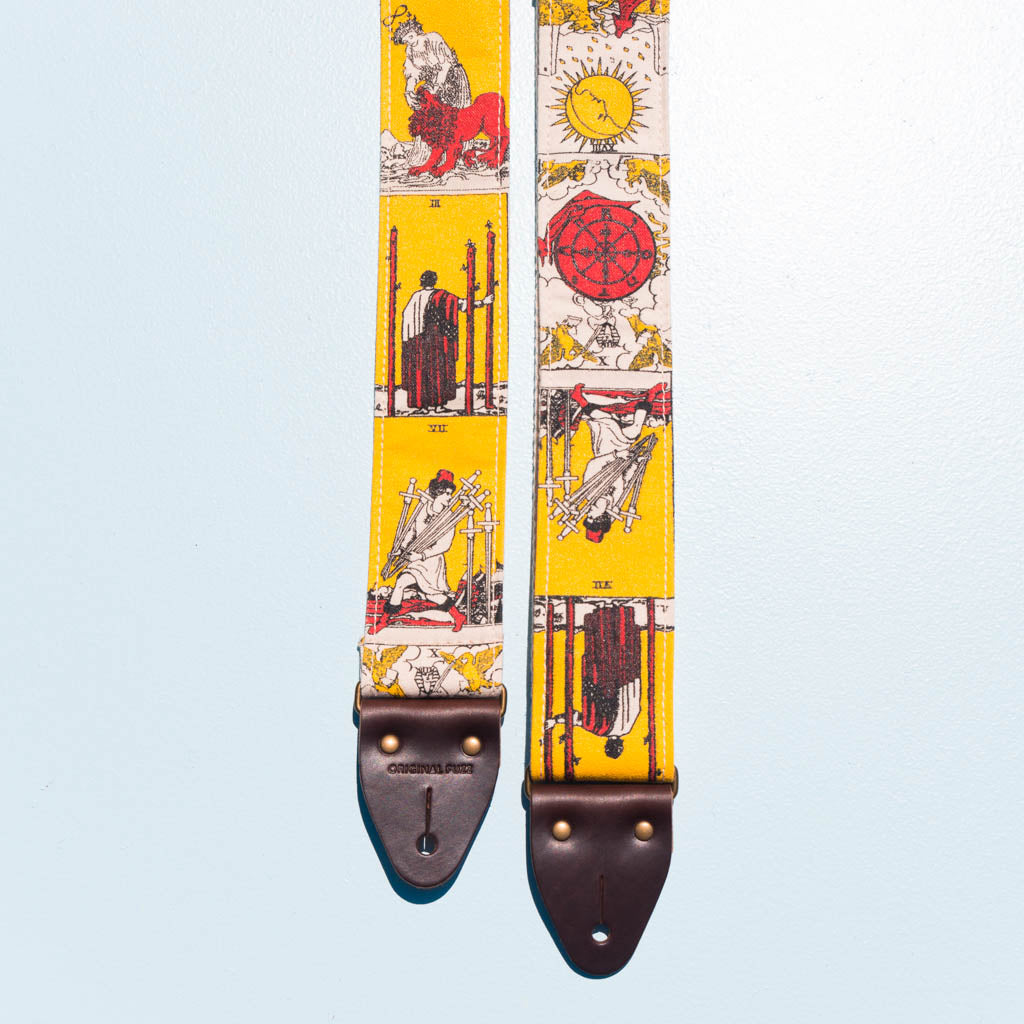 warm orange red yellow tarot card artist series silkscreen Eric Slick guitar strap by original fuzz  