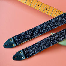 Classic black floral cotton handmade guitar strap. 