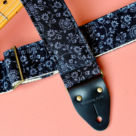 Classic black floral cotton handmade guitar strap. 