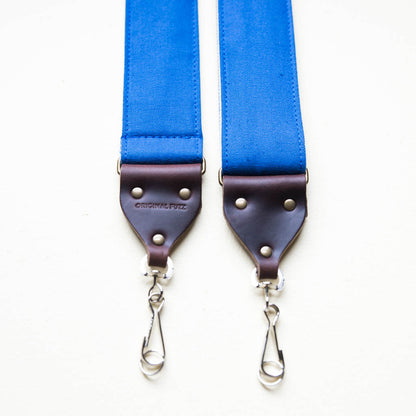 Blue vintage-style cotton canvas camera strap made by Original Fuzz in Nashville.