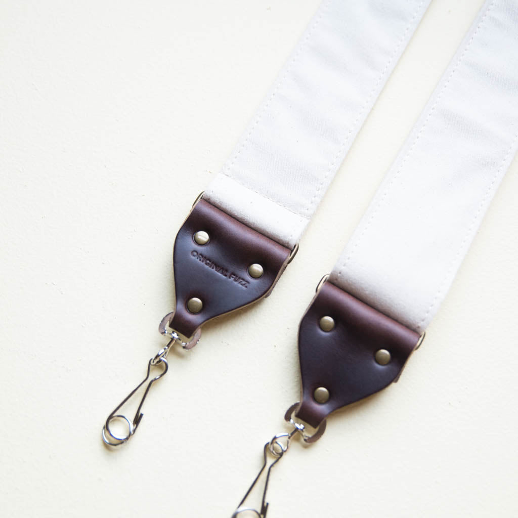 Cream white cotton canvas vintage-style camera strap made by Original Fuzz in Nashville, TN.