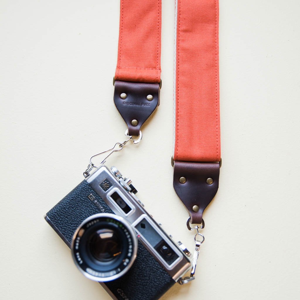 Paprika orange vintage-style cotton canvas camera strap by Original Fuzz.