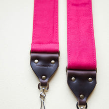 Hot pink vintage-style cotton canvas camera strap made by Original Fuzz.
