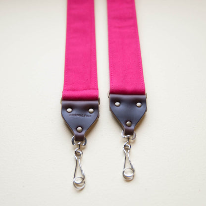 Hot pink vintage-style cotton canvas camera strap made by Original Fuzz.