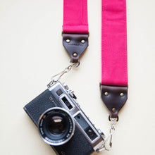 Hot pink vintage-style cotton canvas camera strap made by Original Fuzz with Yashica film camera.